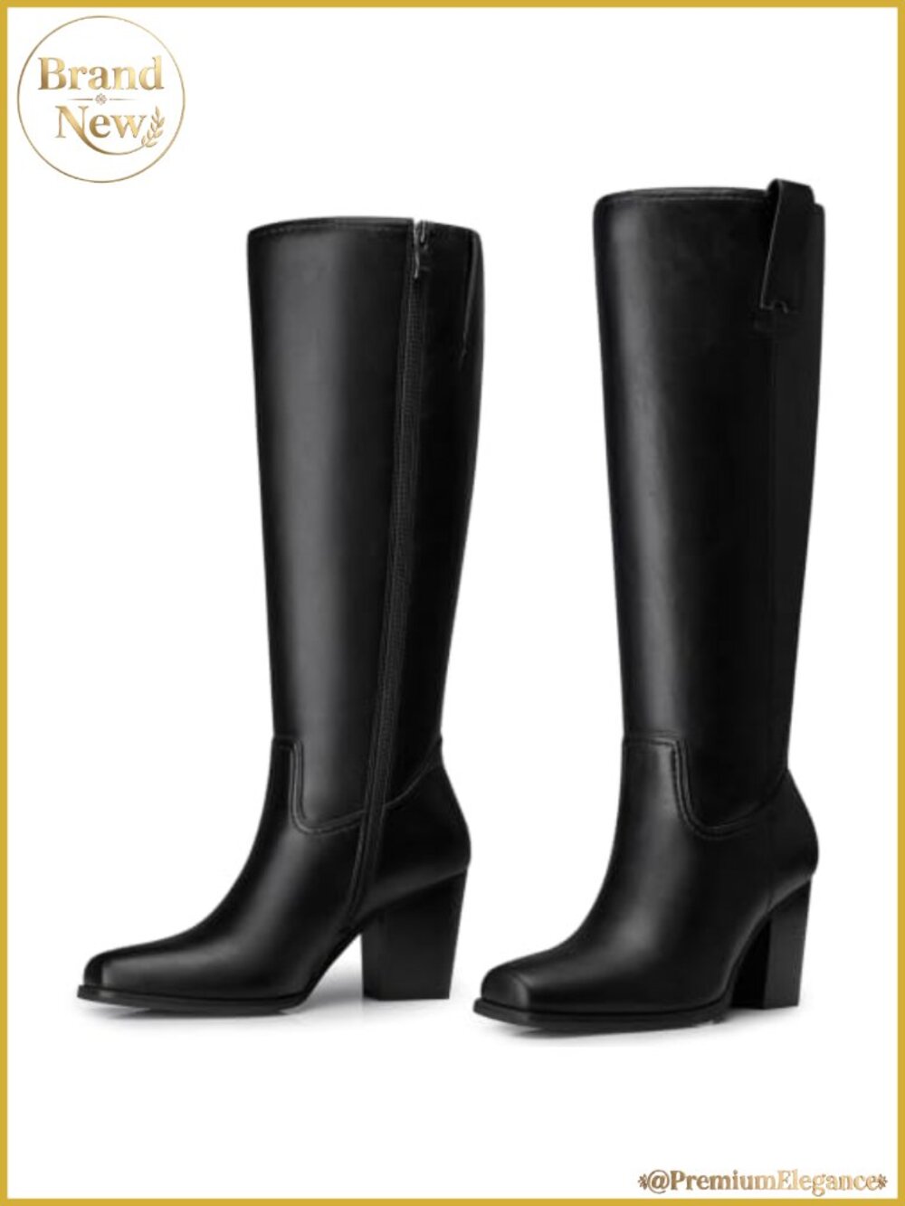 Knee High Boots Square Toe Tall Chunky Heel Zip PU Leather Women